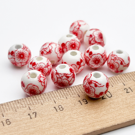 Бусины Шар с цветами, керамика, цвет красный, размер около 10 мм, цена за 1 шт