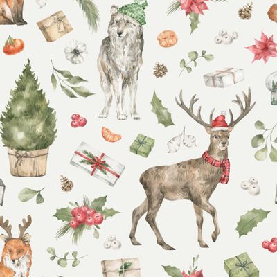 Новогодние животные, олень, лиса, волк, елка, подарки