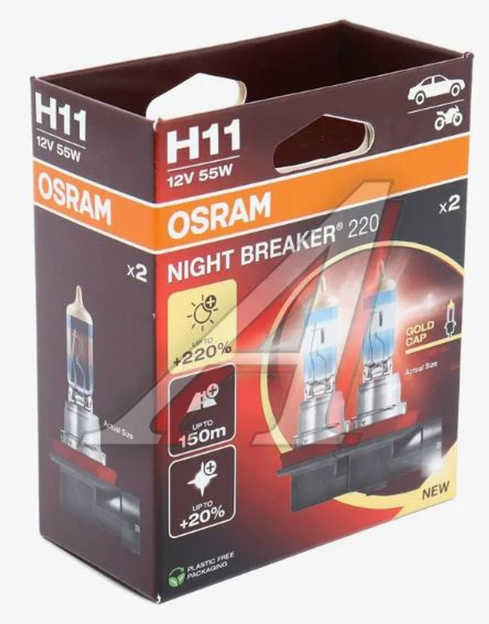 Автолампа H11 12V 55W (PGJ19-2) Osram +200% NIGHT BREAKER 200 (64211NB200-2HB) (карт уп) к-т ORIGIN