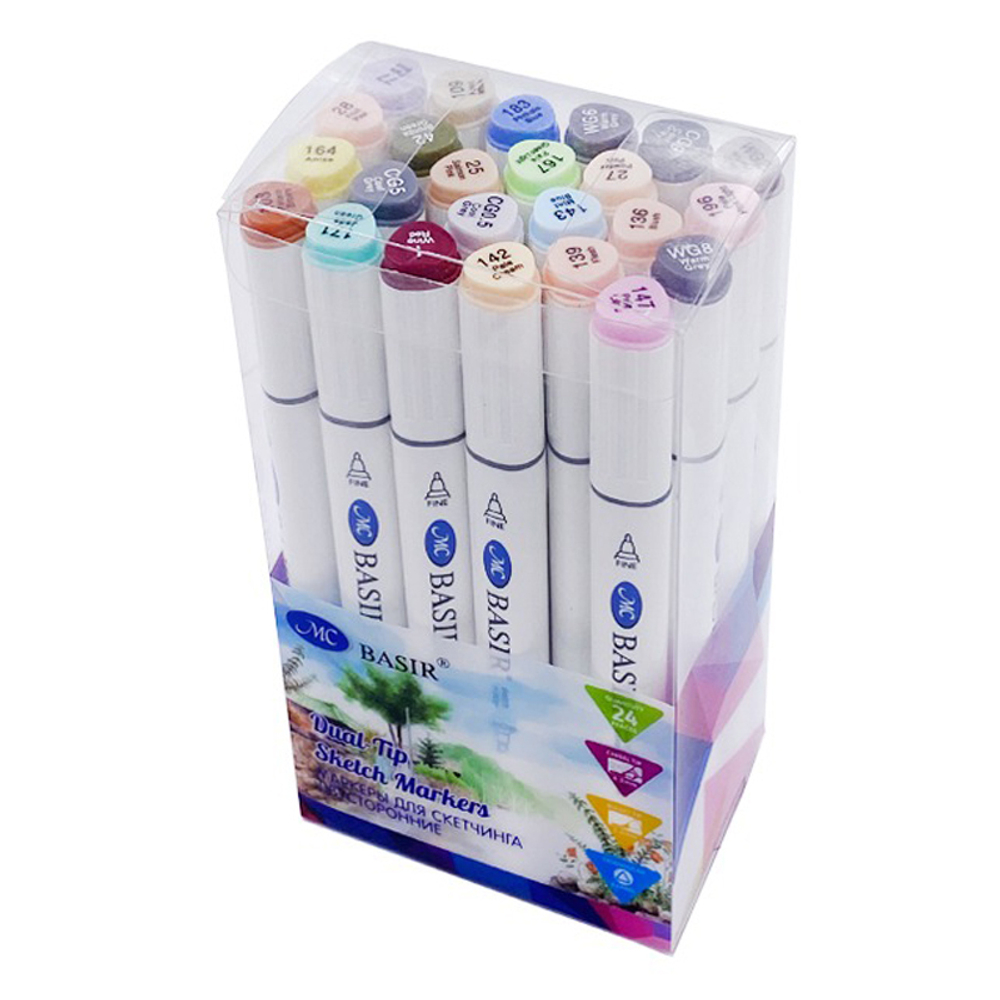 Маркер для скетчинга, двусторонние, Basir, серия "Пастельные и серые тона", трёхгранные, 14 мм, спиртовые, 24 шт