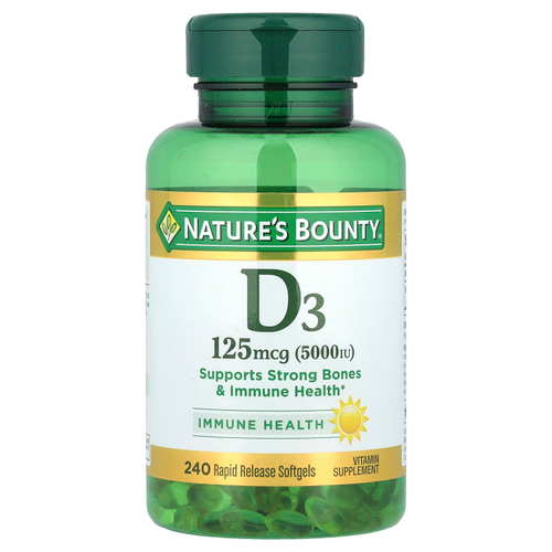 Nature's Bounty, витамин D3, 125 мкг (5000 МЕ), 240 мягких таблеток с быстрым высвобождением