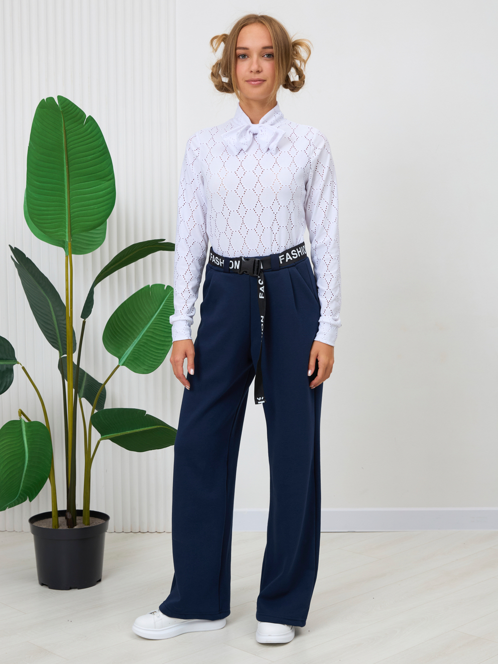 Брюки утепленные для девочки палаццо с ремнем "Fashion" тёмно-синие