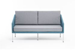 "Канны" диван 2-местный плетеный из роупа, каркас алюминий светло-серый (RAL7035) муар, роуп бирюзовый круглый, ткань светло-серая
