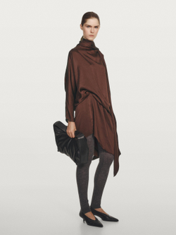 Massimo Dutti Струящееся платье миди с длинными рукавами - STUDIO, красновато-коричневый