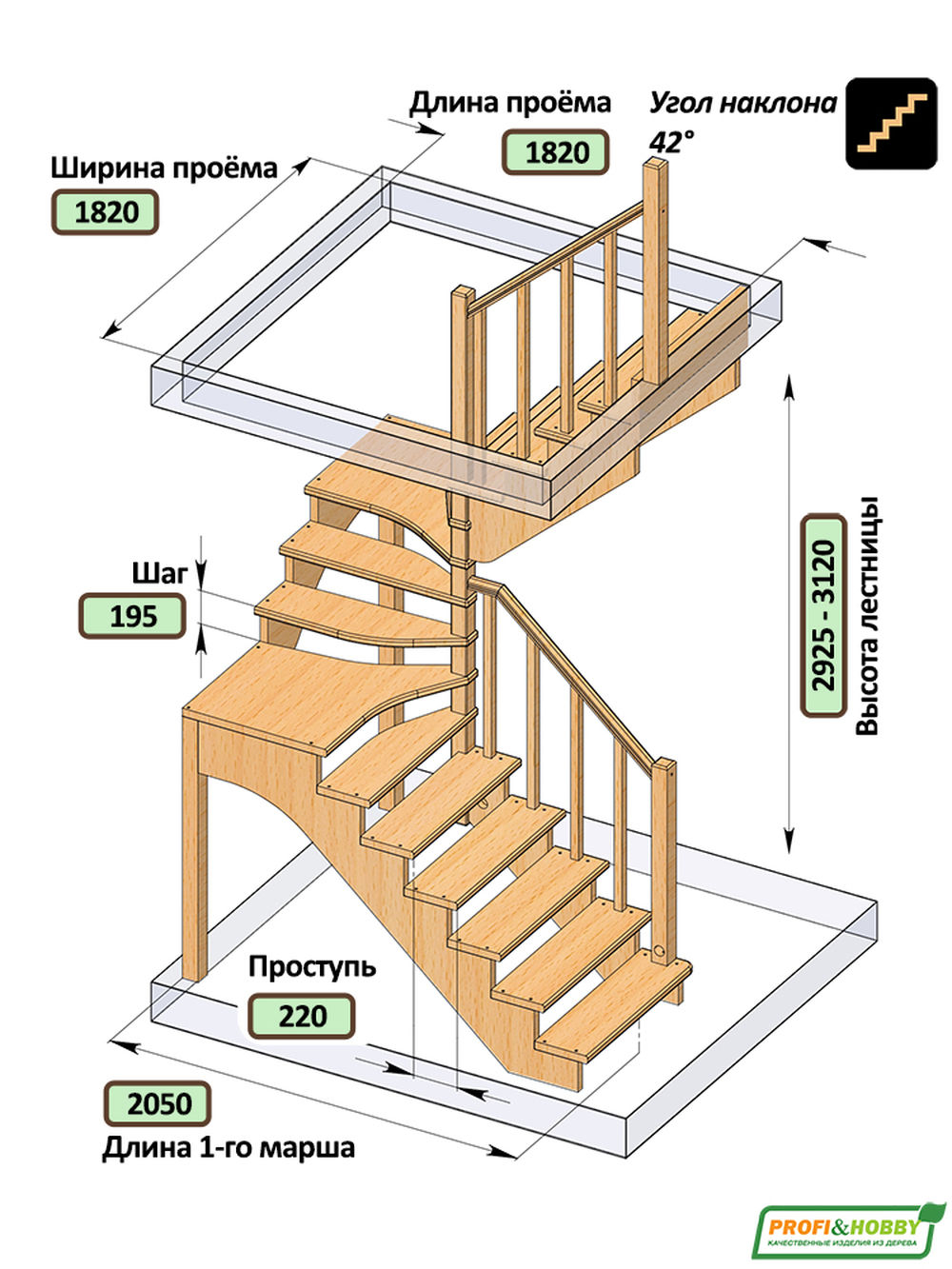 Лестница на второй этаж К-033м Правая под покраску
