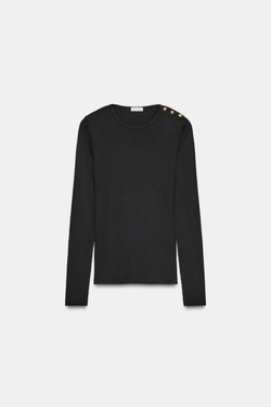 ZARA ФУТБОЛКА В РУБЧИК С ПУГОВИЦАМИ, ЧЕРНЫЙ