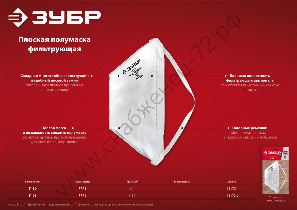 ЗУБР П-80 класс защиты FFP1, плоская, фильтрующая полумаска (11172)