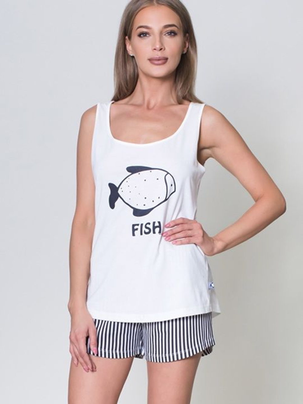 Оригинальная пижама с шортами в полоску (Размер: L) (Цвет: белый с черным)