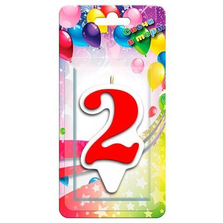 Свеча Цифра, 2 Белая окантовка, Красный, 9 см