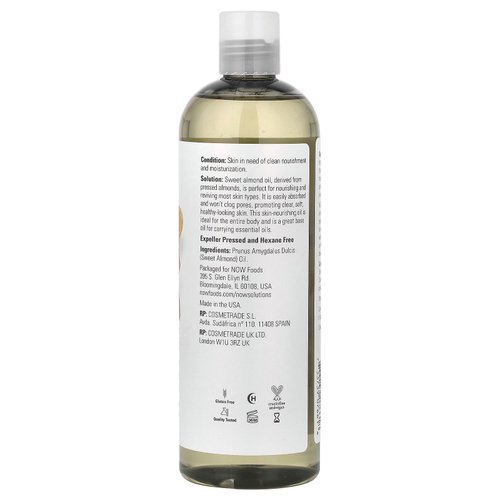 NOW Foods, Solutions, масло сладкого миндаля, чистое увлажняющее масло, без запаха, 473 мл (16 жидк. унций)