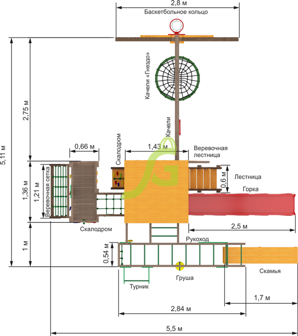 Детская площадка Спорт 2 с качелями гнездо 100см