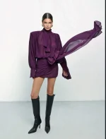 Платье с драпировкой и объемными плечами, Фиолетовое