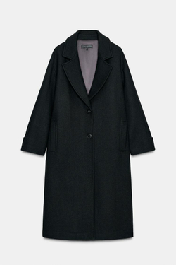 ZARA ПАЛЬТО ОВЕРСАЙЗ С ШЕРСТЬЮ И КОНТРАСТНЫМИ МАНЖЕТАМИ, ЧЕРНЫЙ