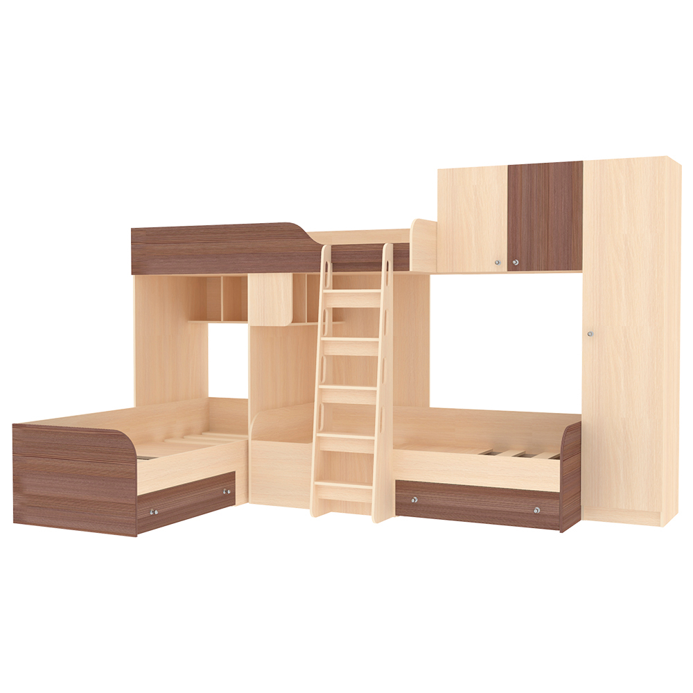 Кровать-чердак КарИВи Трио 2  Дуб Молочный Бодего Темный