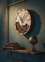 Настенные часы WOODandROOT Automaton Bite 1695 — стимпанк-композиция на медных трубах с книгами и декором в интерьере лофт