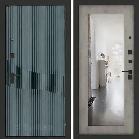 Входная металлическая дверь с зеркалом Бункер B-13 Веллюто верде / зеркало в рамке ФЛЗ - 603 Бетон светлый