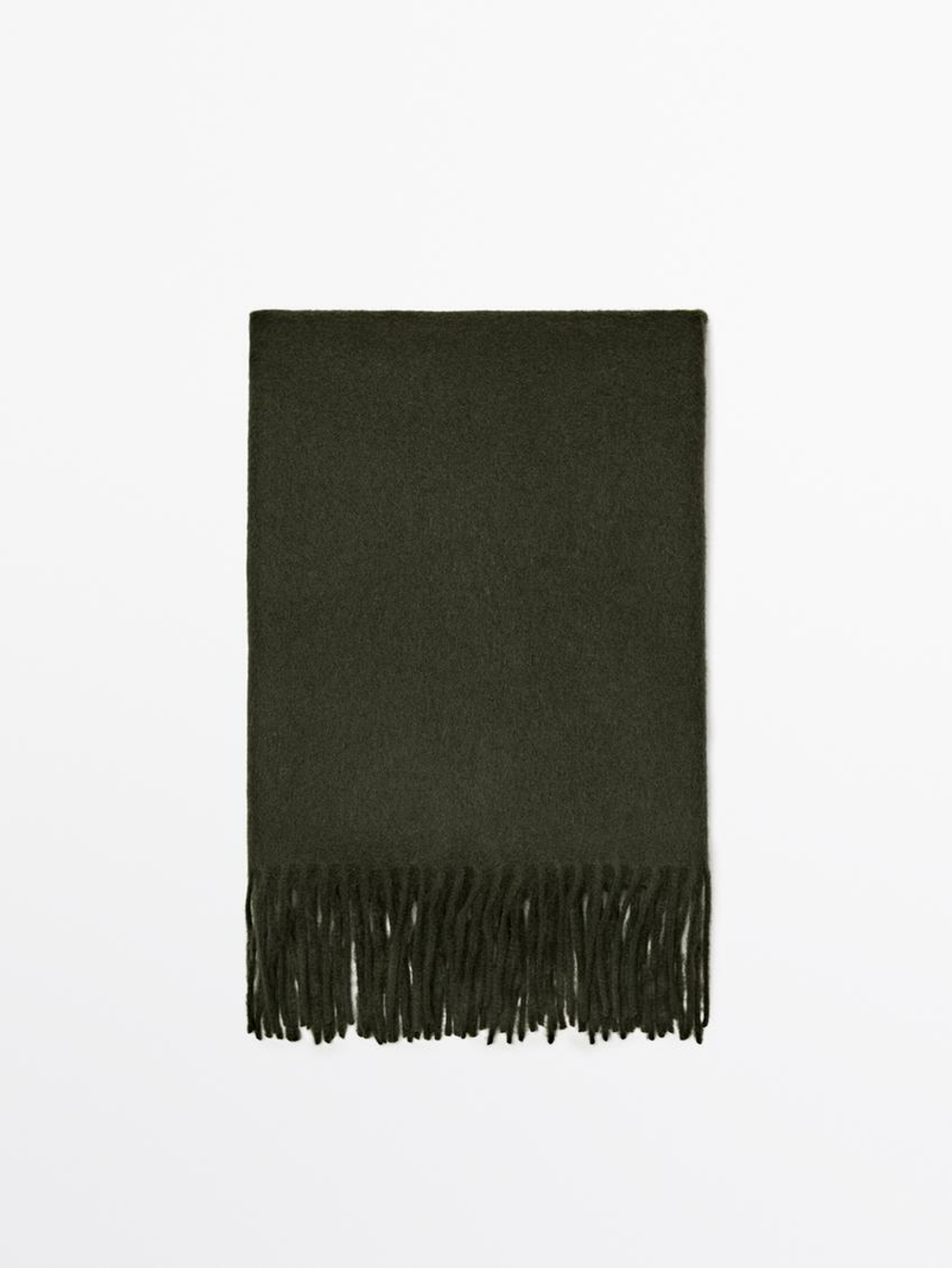 Massimo Dutti Шарф из смесовой шерсти с бахромой, темно-зеленый