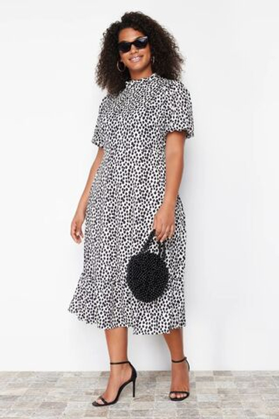 Кремовый воротник-стойка с рисунком животных, длинный тканый рукав с воздушным шаром, платье TBBSS24AH00135