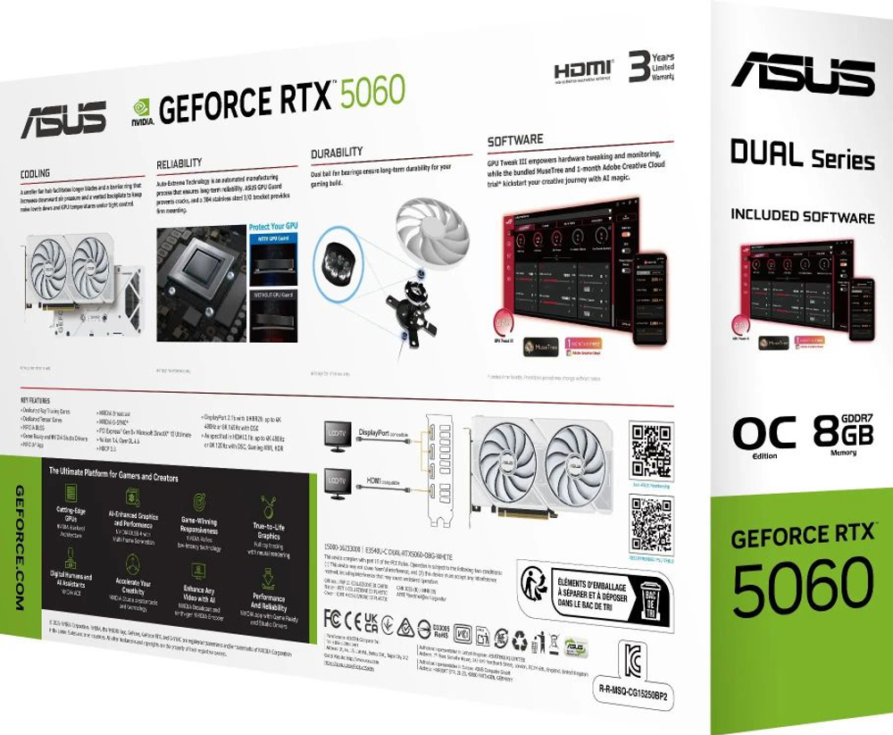 Видеокарта ASUS NVIDIA  GeForce RTX 5060 DUAL-RTX5060-O8G-WHITE 8ГБ Dual, GDDR7, OC,  Ret