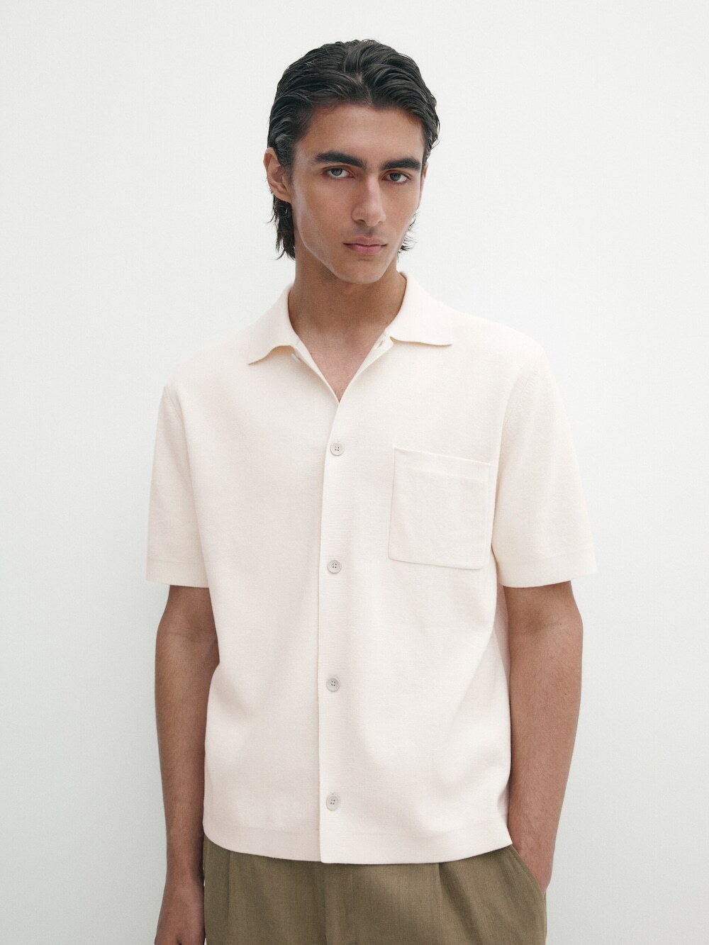 Massimo Dutti Кардиган с короткими рукавами и карманом, натуральный, кремовый