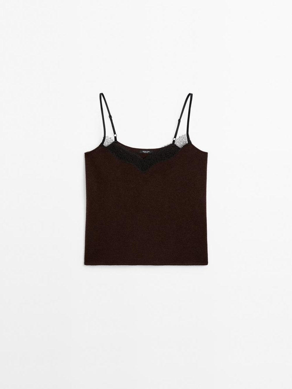 Massimo Dutti Топ в бельевом стиле с отделкой кружевом, шоколадный