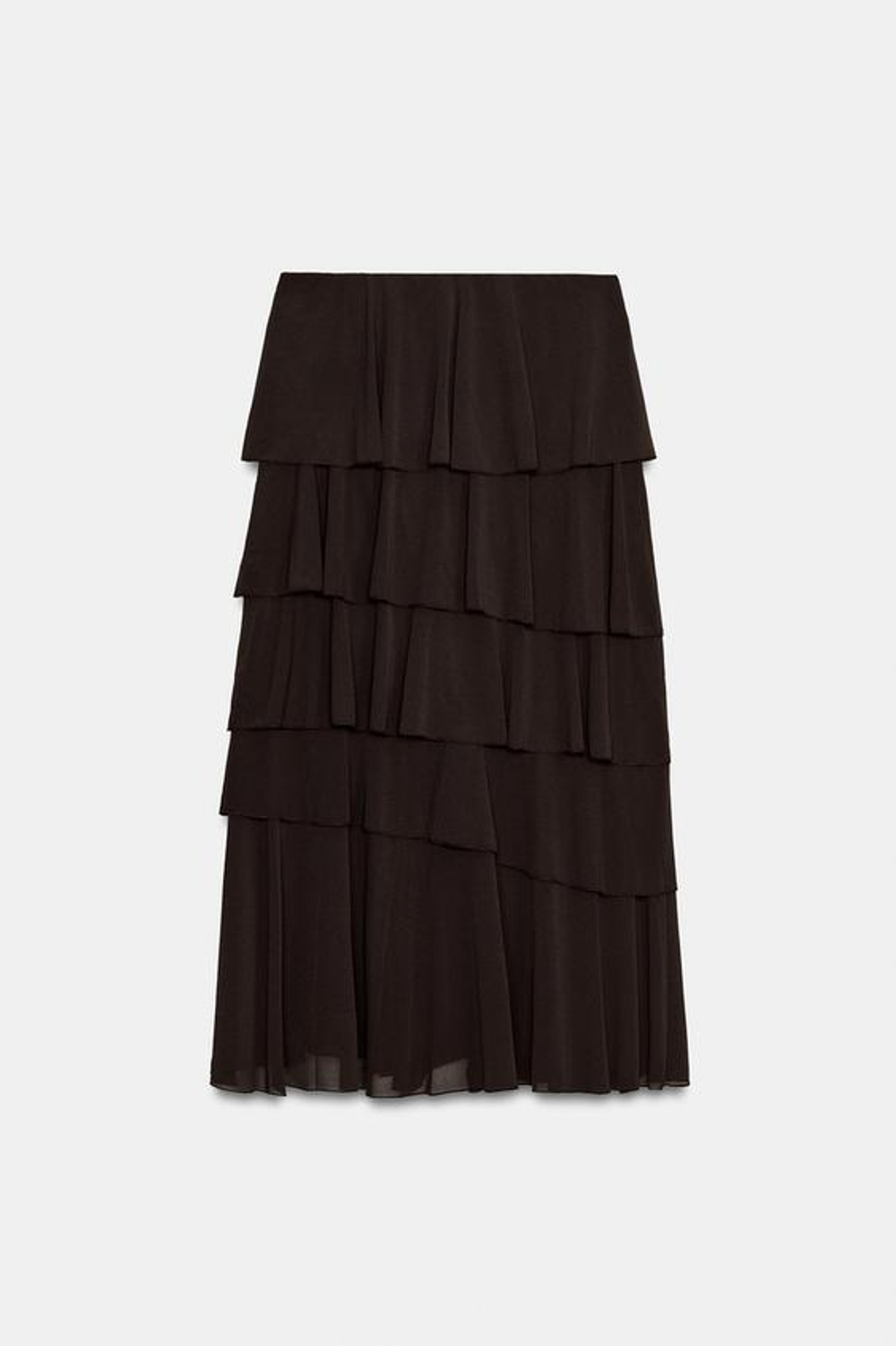 ZARA ЮБКА МИДИ С ВОЛАНАМИ, ТЕМНО-КОРИЧНЕВЫЙ