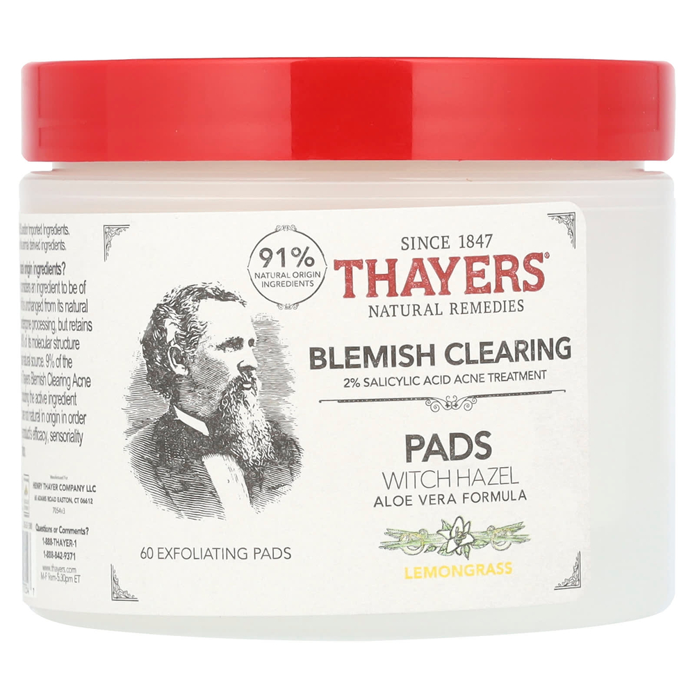 Thayers, Салфетки с гамамелисом, лемонграсс, 60 отшелушивающих салфеток