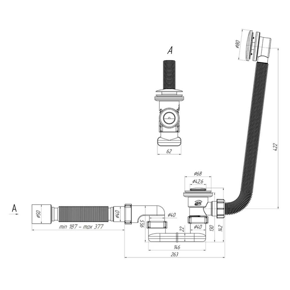 Слив-перелив АНИ Пласт для ванны 1/2"х40, плоский, выпуск клик-клак с сеткой (EC055S)
