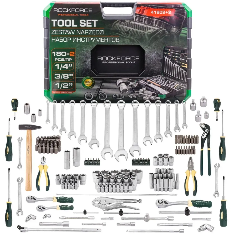Набор инструментов 180+2пр. 1/4'', 3/8'', 1/2''(6гр.,12гр.) RockFORCE RF-41802+2