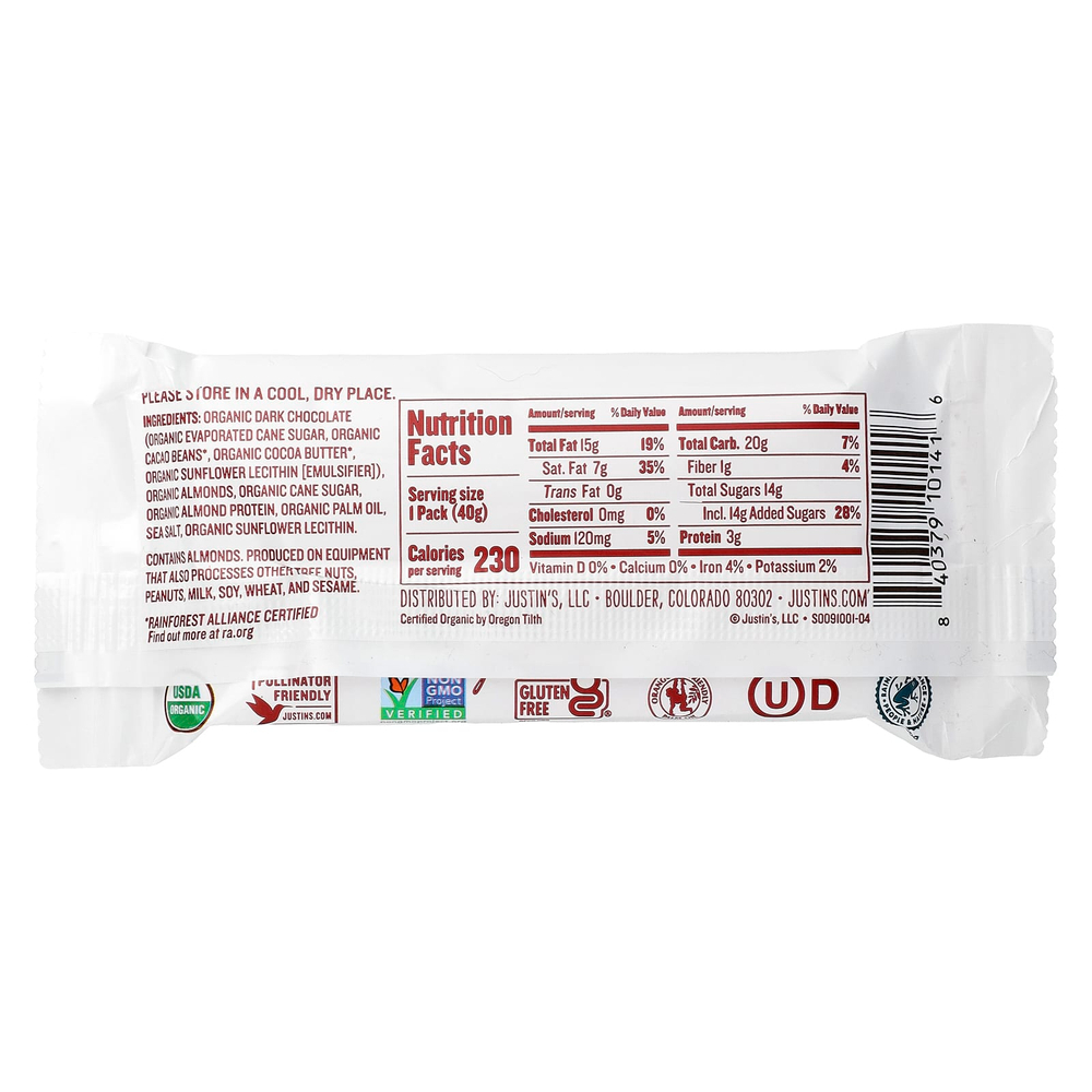 Justin's Nut Butter, Органический темный шоколад с миндальным маслом, 2 стакана, 40 г (1,4 унции)