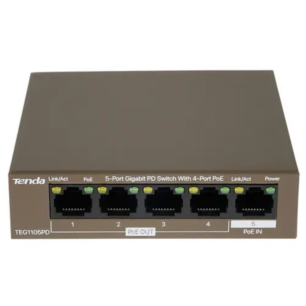TENDA TEG1105PD Коммутатор настольный 5-Ports 10/100/1000 Base-T 4-Ports PoE(PoE бюджет 30W)
