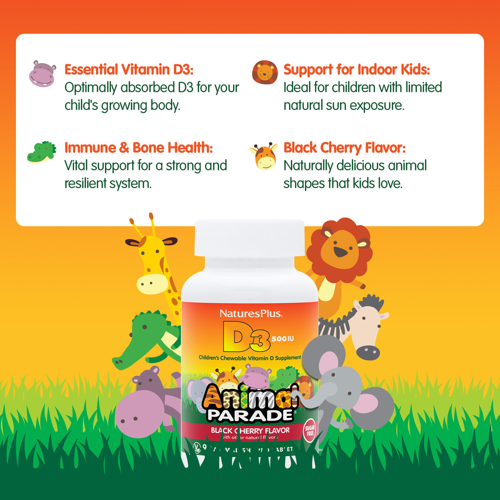 NaturesPlus, Animal Parade®, витамин D3, со вкусом черешни, 12,5 мкг (500 МЕ), 90 таблеток в форме животных