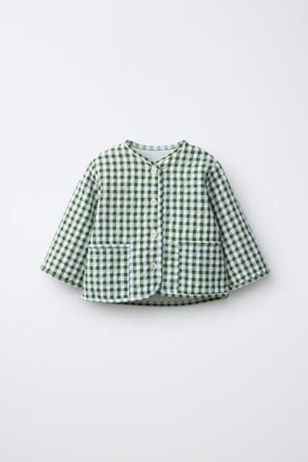 ZARA КУРТКА В КЛЕТКУ ВИШИ, ЭКРЮ/ЗЕЛЕНЫЙ