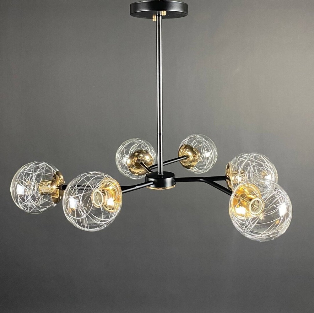 Люстра потолочная на штанге Lanbos, 6 ламп Е27, до 360 Вт, до 27 кв м, черная с золотом