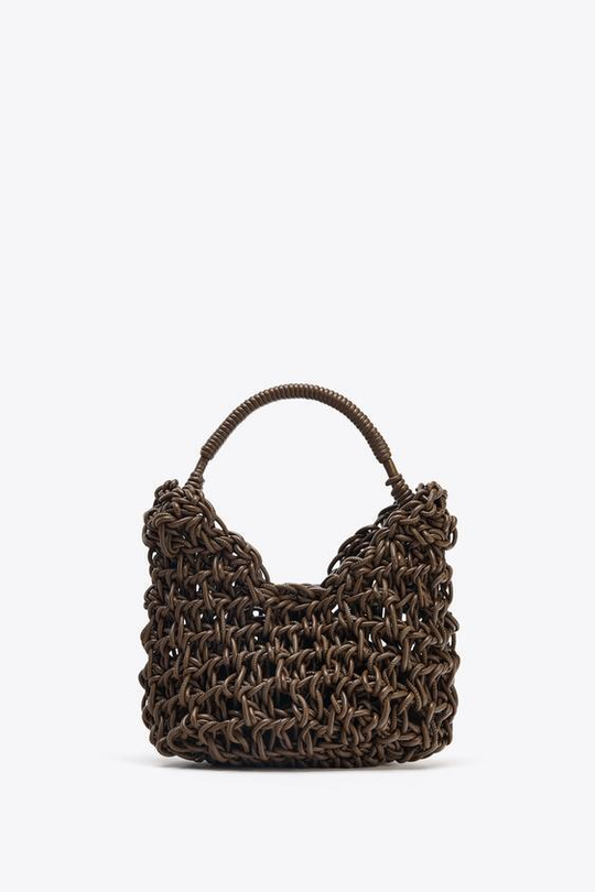 ZARA ПЛЕТЕНАЯ СУМКА С ДЕКОРАТИВНОЙ СТРОЧКОЙ, ШОКОЛАДНЫЙ
