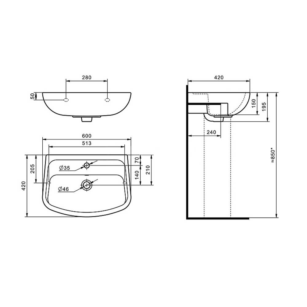 Раковина подвесная Santek "Лонги-60" 600х420х195 фарфор, 1 отверстие под смеситель, белая (1.WH50.1.756)