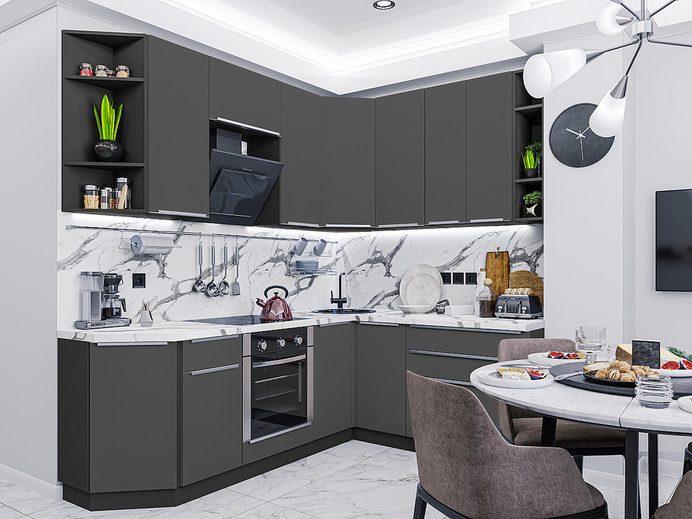 Угловая модульная кухня Фьюжн-04 Stormy Silk - Graphite 2140*2500/1800*600