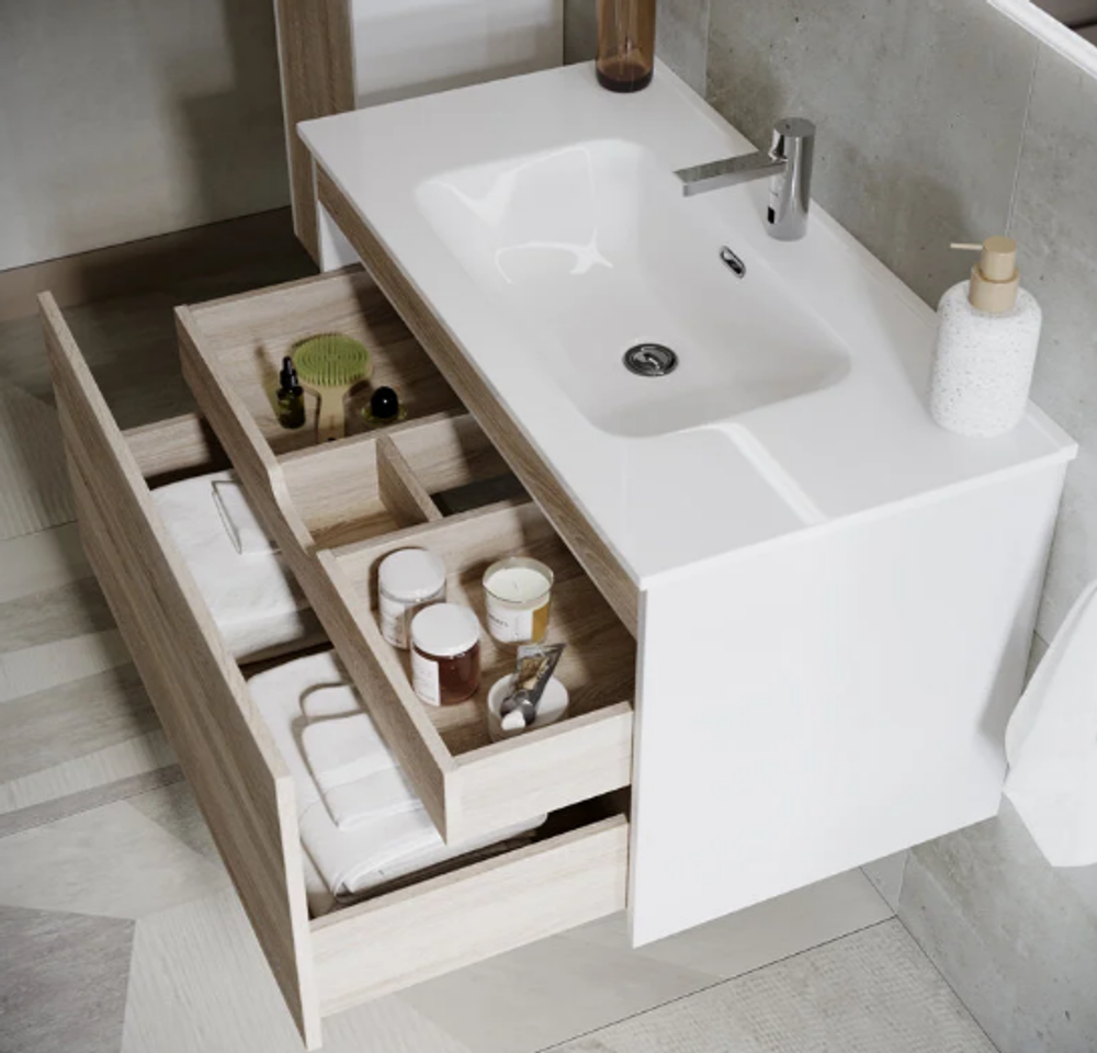 Тумба подвесная SANCOS Smart 890х450х500, c двумя ящиками оснащенными доводчиками, дуб бардолино/белый , арт. SM90E