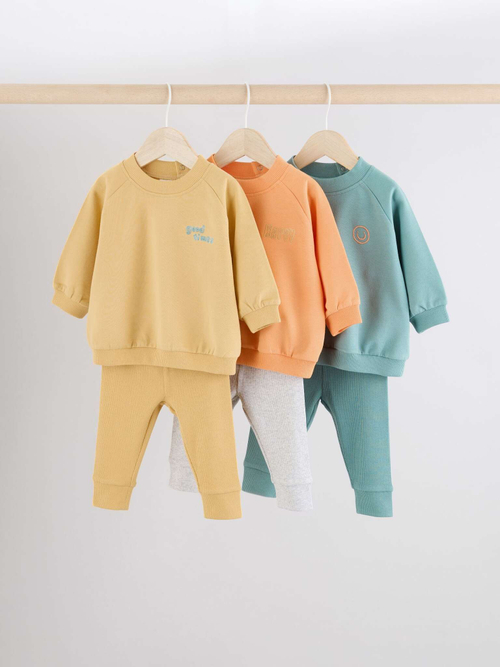 Лонгслив и брюки в комплекте для малышей Next B87-318, 3 шт., Бежевый, Голубой, Оранжевый