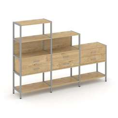 Shelf System Трехсекционный стеллаж четырех/трех/двухярусный с ящиками SN.STM-431 Тиквуд Светлый/Мет