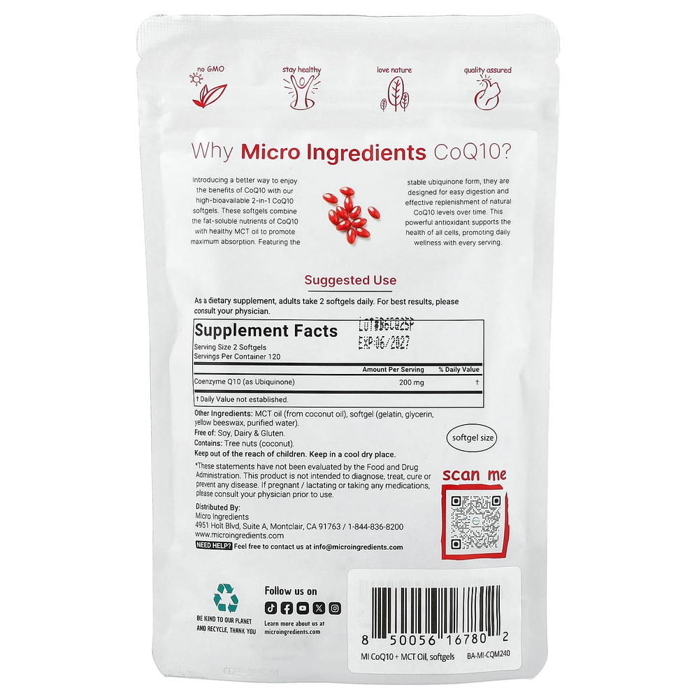 Micro Ingredients, коэнзим Q10, 240 мягких таблеток (100 мг в 1 капсуле)