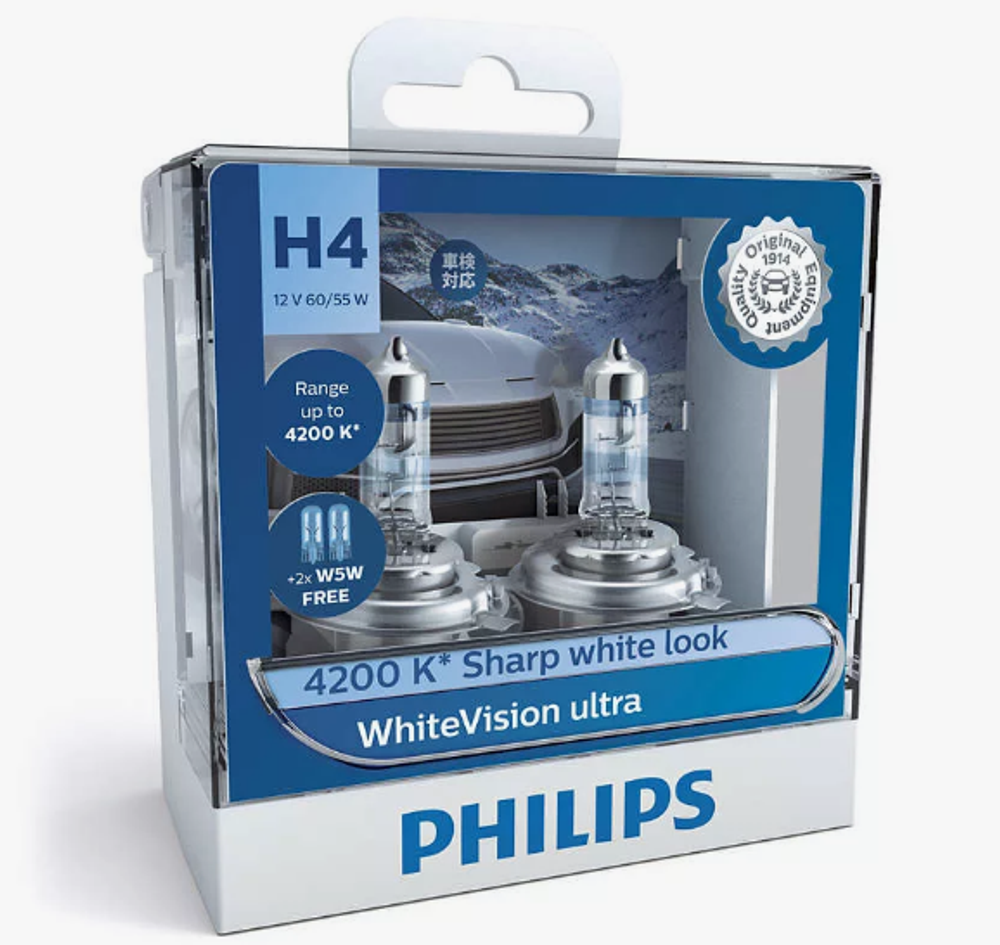 Автолампа H4 12V 60/55W P43t Philips 3700К White Vision Ultra (к-т2шт+2штW5W) 12342WHVSM ORIGINAL