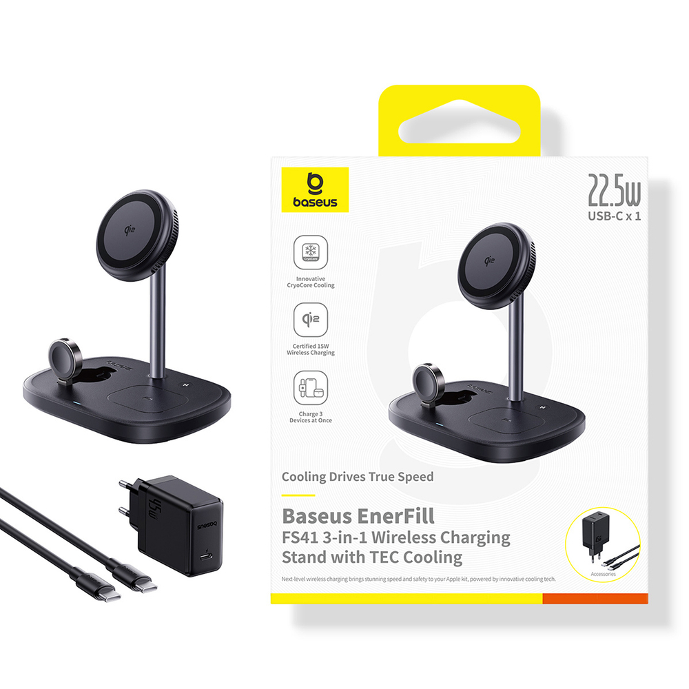 Беспроводная зарядка Baseus EnerFill FS41 3-in-1 Wireless Charging Stand with TEC Cooling Qi2+2Qi 22.5W (45W Adapter Included)