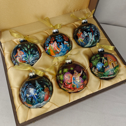 Сувенирный набор из 6-ти коллекционных ёлочных шаров " Сказки" с ручной росписью Палех