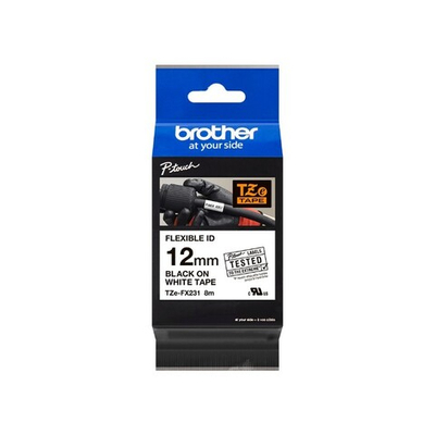 Brother TZE-FX231 кассета с лентой для печати наклеек (эластичная), чёрный шрифт на белой основе, 12мм*8м