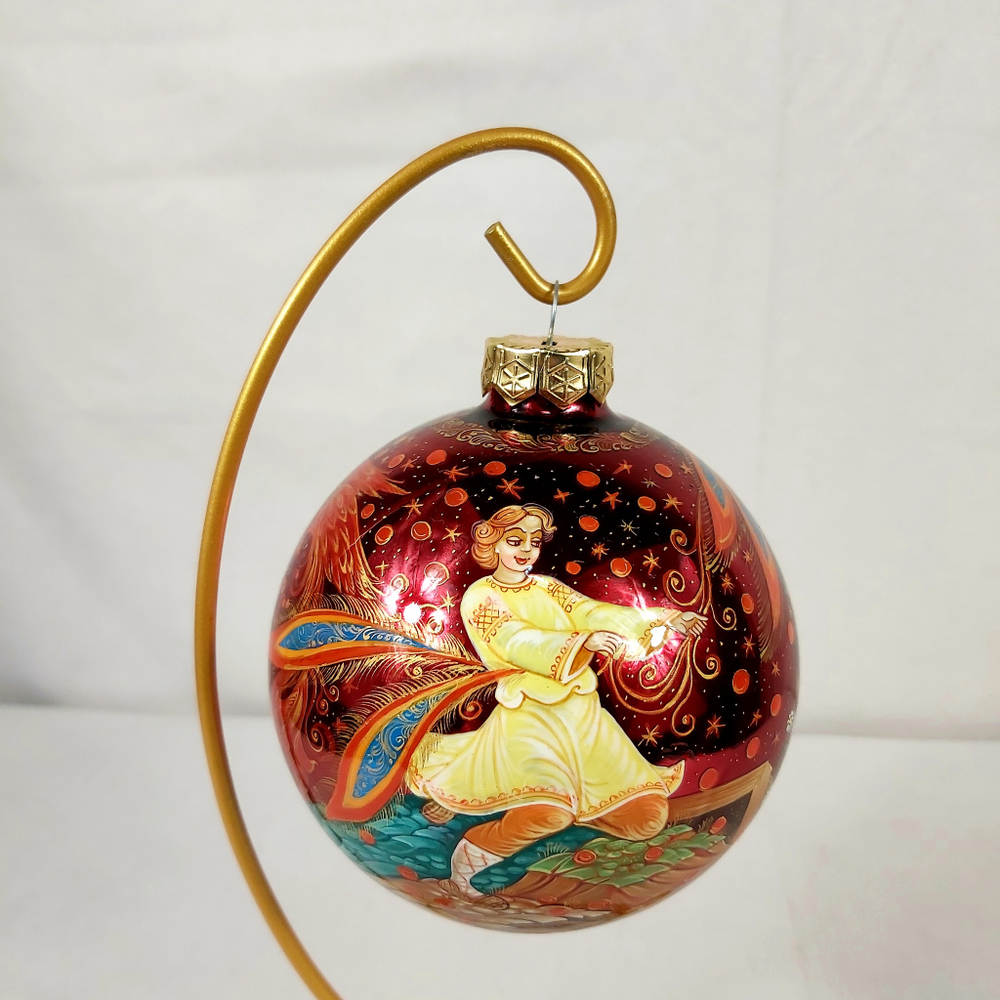 Шар новогодний с полной росписью "Жар-птица" на красном в коробке