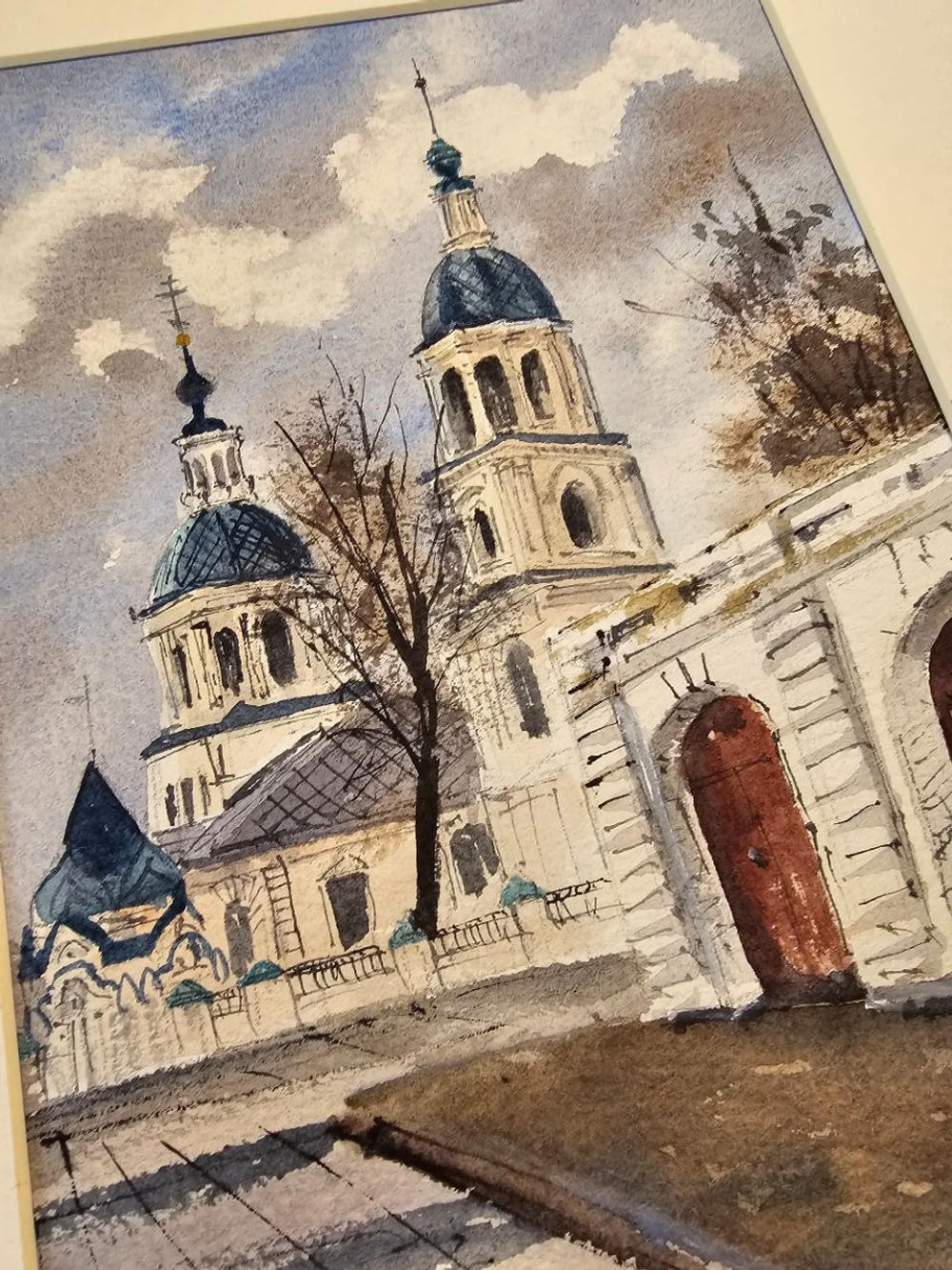 Картина авторская акварельная в паспарту 21х30 см на стену для интерьера "Зарайск. Храм Святой Троицы"