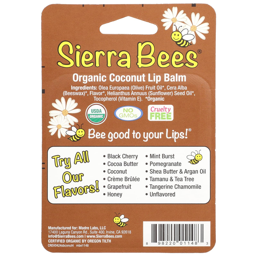 Sierra Bees, Органические бальзамы для губ, кокос, 4 шт. в упаковке, 4,25 г (0,15 унции) каждый