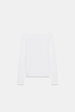 ZARA ХЛОПКОВАЯ ФУТБОЛКА С ВЫРЕЗОМ ЛОДОЧКОЙ, БЕЛЫЙ