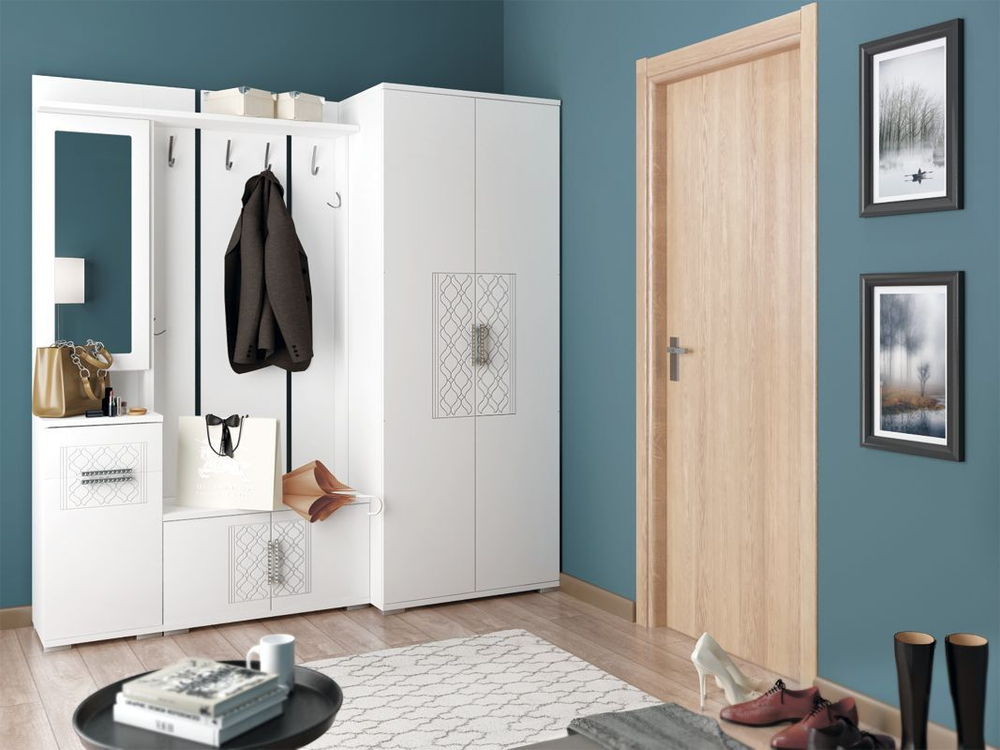 Прихожая с зеркалом комплект мебели Белый Поры Дерева/Белый Глянец, Тиффани, 200,1х51х205,6 см RINNER мебельная фабрика